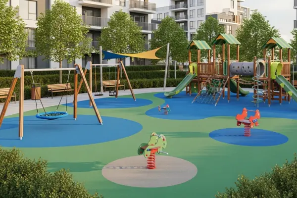 Parque infantil con varios juegos en un ambiente cercado