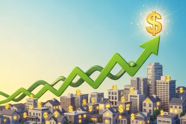 gráfica donde se muestran edificios con el símbolo del dolar sobre cada uno. Se ven dos líneas ascendentes, una termina en una flecha que apunta a un signo de dólar.