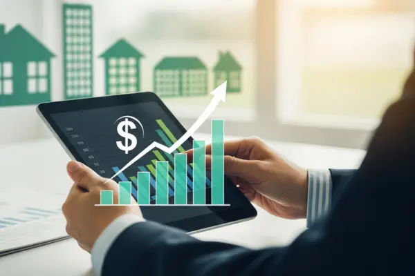 manos sosteniendo una tablet, se ve una gráfica de barras con tendencia a subir. Tiene una línea ascendente y un signo de dólares.