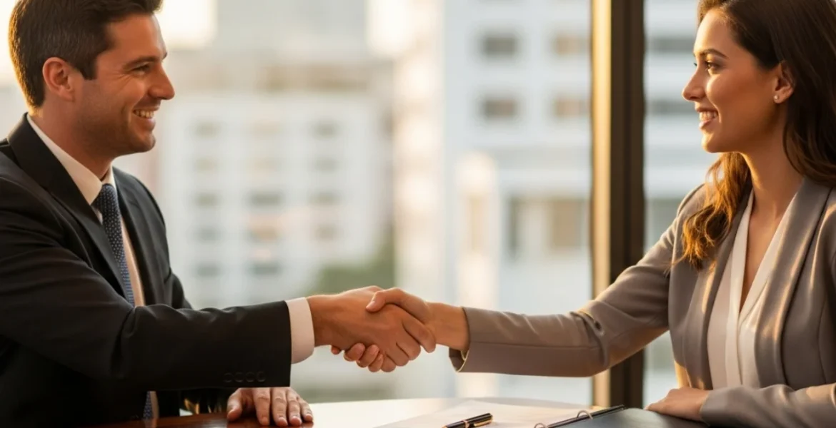 un hombre y una mujer en una oficina, sentados frente a frente dándose un apretón de manos