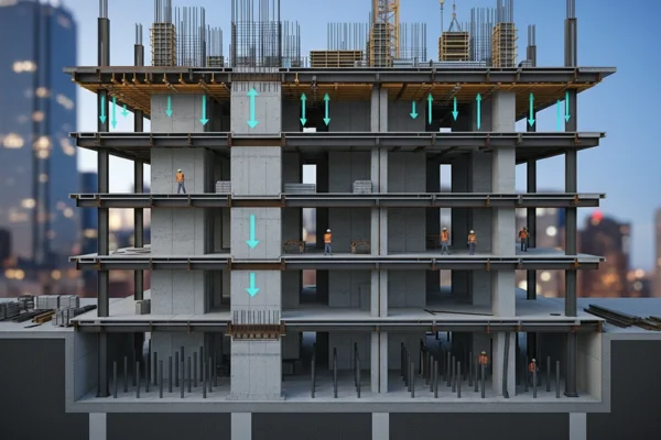 Construcción de un edificio. Se ven algunas flechas que indican las cargas que deben mantener algunas de sus estructuras.