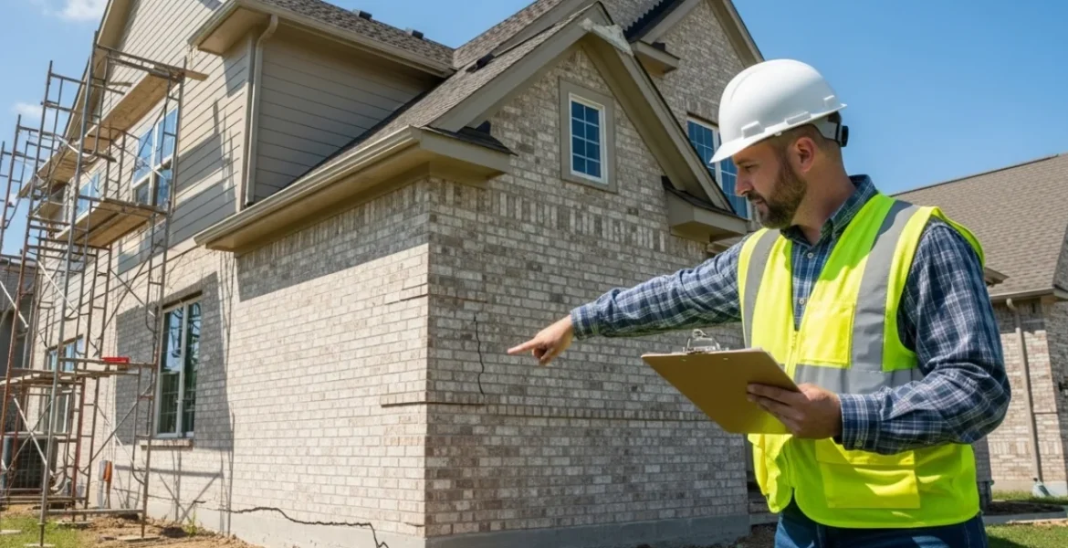 Casa con algunas fisuras en las paredes. Se ve un andamio en una de sus caras y un hombre con casco y chaleco señalando la estructura