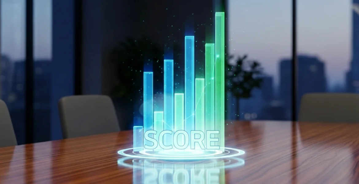 una oficina o sala de juntas. Sobre la mesa se ve una gráfica dde barras con la palabra "score" como si fuera un holograma