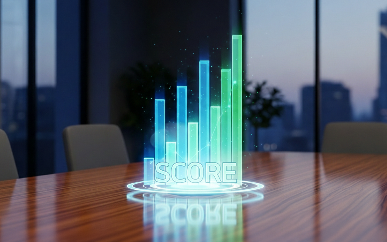 una oficina o sala de juntas. Sobre la mesa se ve una gráfica dde barras con la palabra "score" como si fuera un holograma