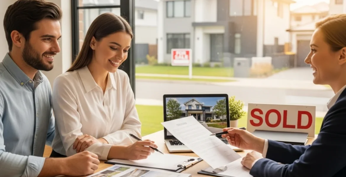 se ven tres personas sentadas, un hombre al lado de una mujer frente a ellos en la mesa se encuentra otra mujer que tiene unos documentos y un letrero que dice "sold" sobre la mesa. Al fondo, por la ventana se puede ver una casa en venta.