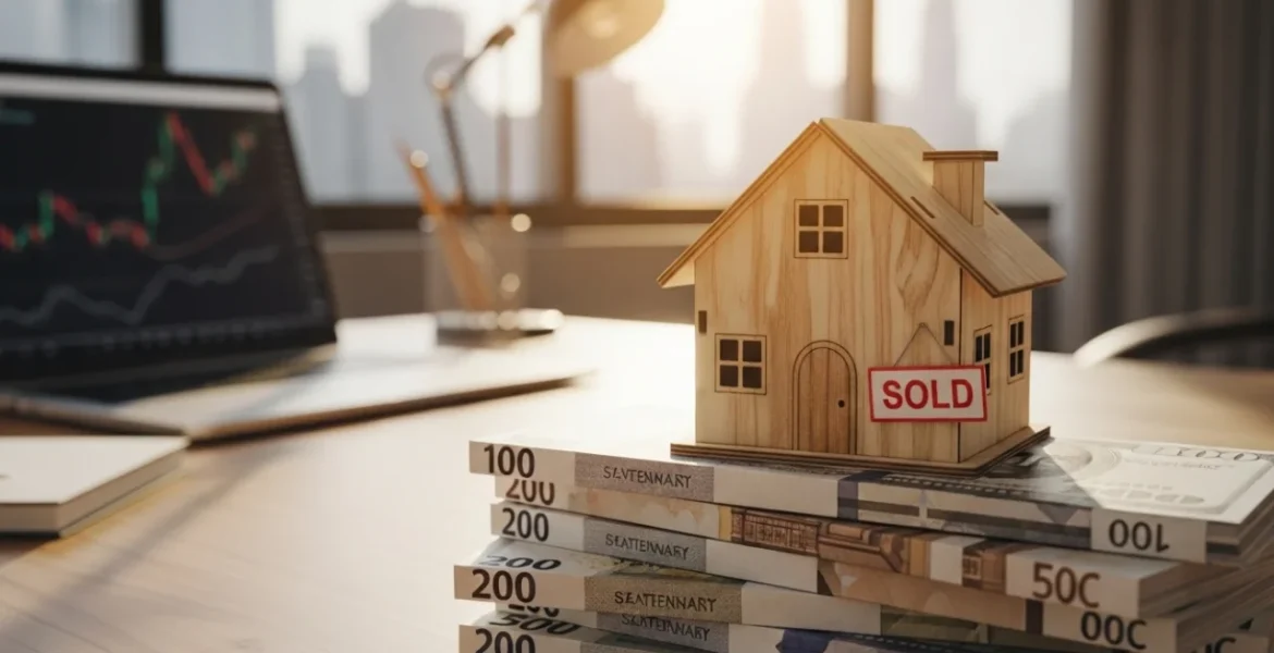 Escritorio cerca a una ventana. Tiene fajos de billetes y encima una casa de madera. Al fondo se me una pequeña pantalla con una gráfica, una lámpara y otros elementos de oficina