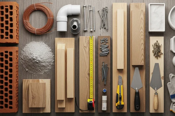 Vista superior de elementos y materiales de construcción sobre una superficie