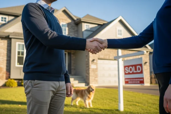 dos personas se estrachan la mano, al fondo se ve un perro y una casa que tiene un letrero con la palabra "sold"