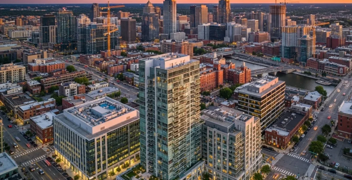 Vista de una ciudad con edificios en horas de la tarde