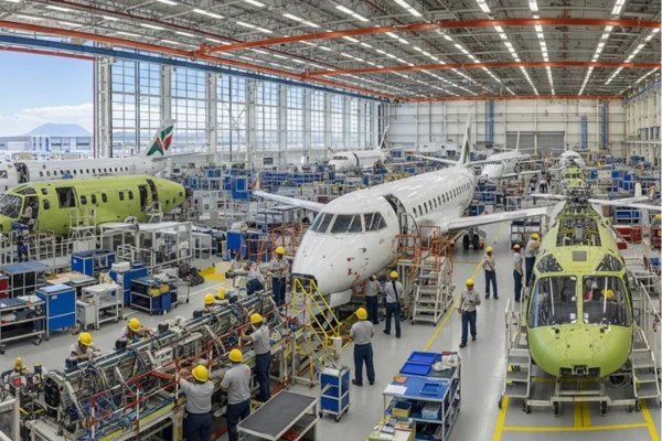 Nave industrial con aviones y varias personas trabajando en estaciones