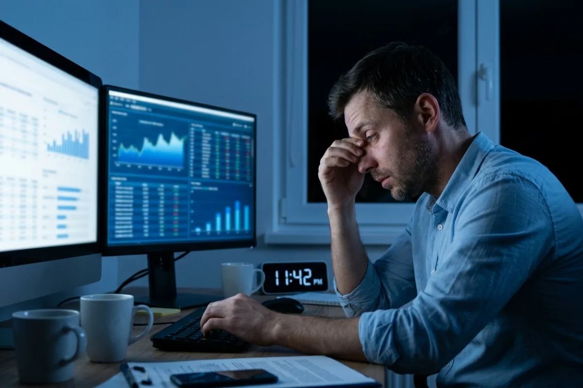 Hombre tocándose los ojos mientras observa en las pantallas de pc gráficas. El reloj marca las 11:42 p.m