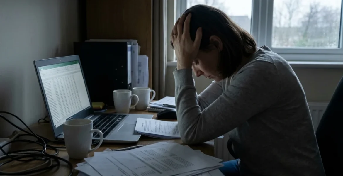 mujer frente al pc con las manos en la cabeza, tiene varios papeles en el escritorio y tres tazas