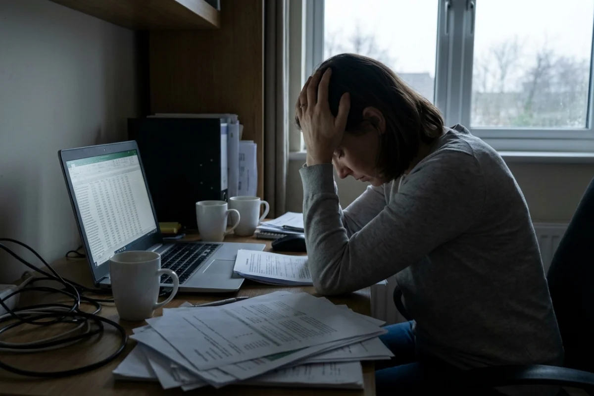mujer frente al pc con las manos en la cabeza, tiene varios papeles en el escritorio y tres tazas
