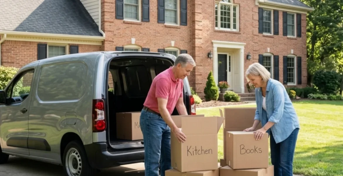 Un hombre y una mujer de tercera edad acomodando unas cajas de la mudanza, se ve una camioneta detrás