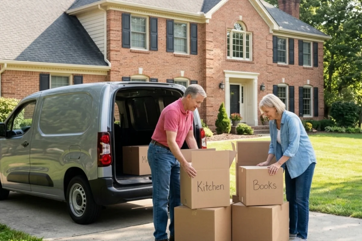 Un hombre y una mujer de tercera edad acomodando unas cajas de la mudanza, se ve una camioneta detrás