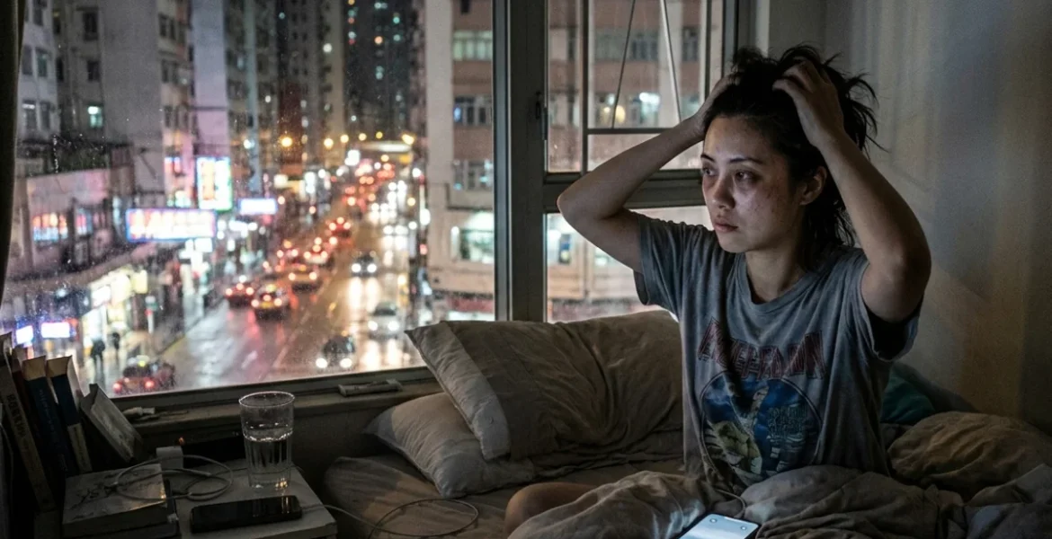 Mujer en medio de la noche con cara de poco descanso y preocupación,se encuentra sentada en la cama con el celular en sus piernas. Por su ventana se ve el tráfico de la ciudad.