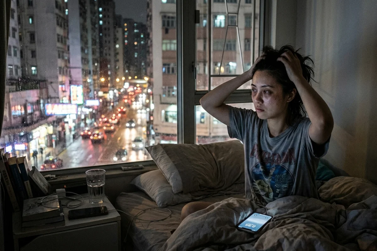 Mujer en medio de la noche con cara de poco descanso y preocupación,se encuentra sentada en la cama con el celular en sus piernas. Por su ventana se ve el tráfico de la ciudad.