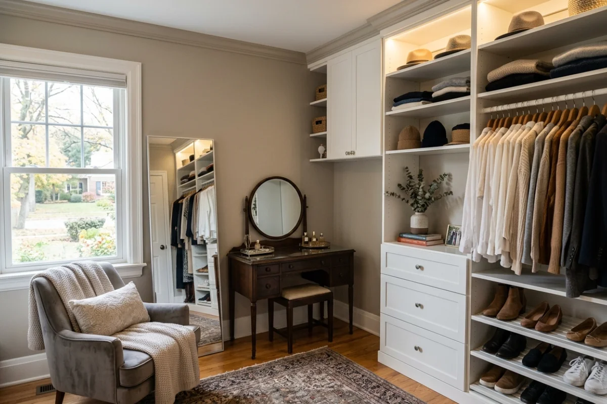 Se ve un walk-in closet con ropa colgada, un pequeño espejo de tocador y una ventana que deja ingresar luz natural.