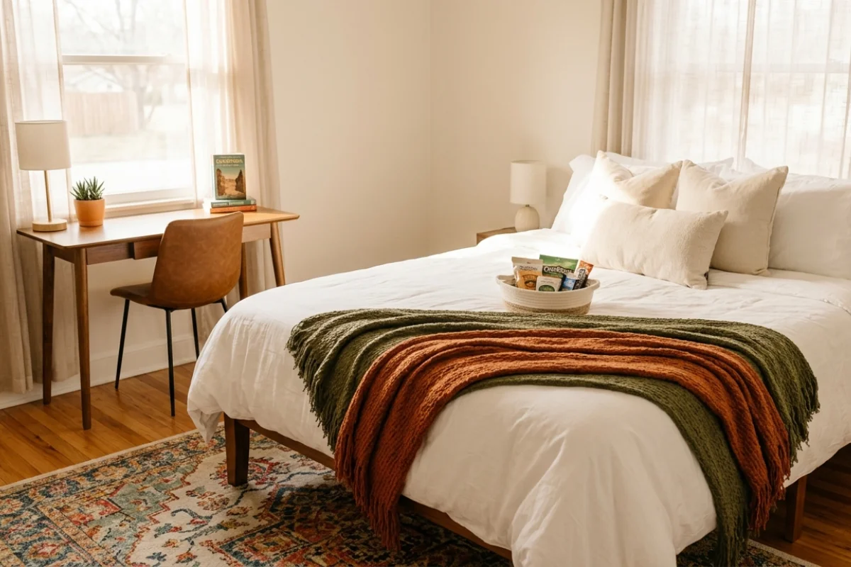 Una habitación con una cama en la que se encuentra una canasta con productos; frente a la ventana se ve un escritorio con una planta, una lámpara y una silla