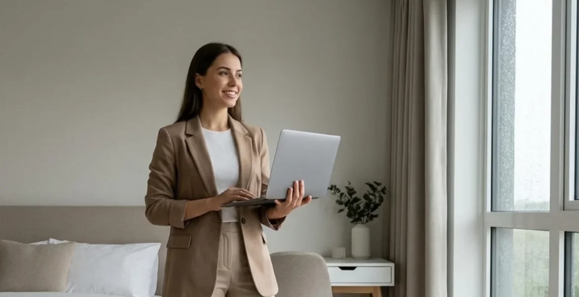 Mujer con una laptop en sus manos mirando por la ventana de una habitación