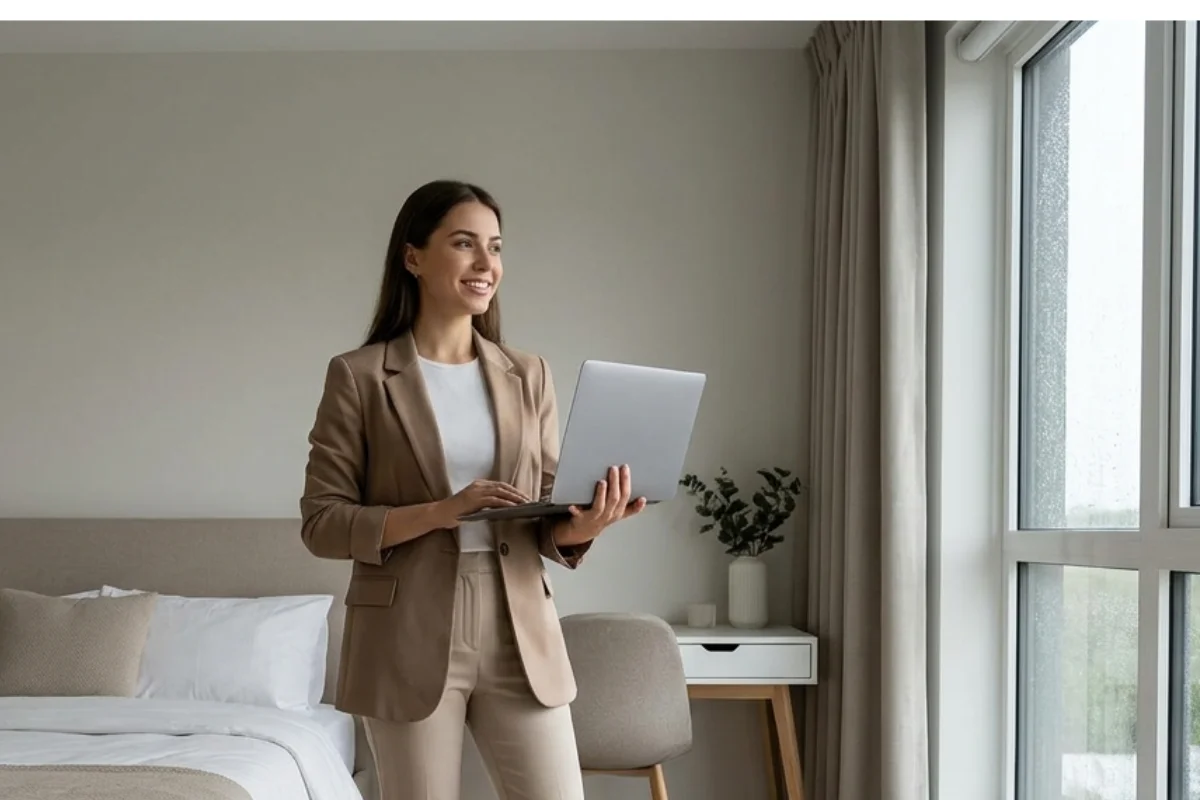 Mujer con una laptop en sus manos mirando por la ventana de una habitación