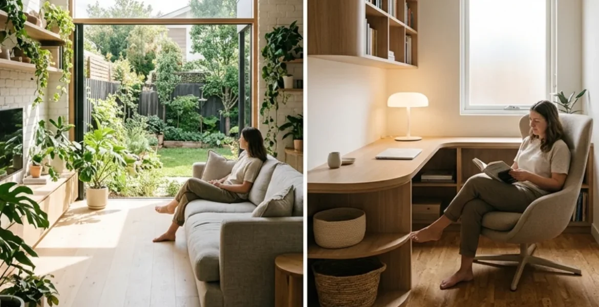 La imagen se encuentra dividida a la mitad. En la mitad izquiersa se ve a una mujer sentada en un sofá en una habitación muy iluminada con luz natural, se ve un gran ventanal. En la imagen de la derecha se ve una mujer en un estudio, sentada frente a un escritorio, se ve una ventana que deja entrar luz natural y una pequeña lámpara de escritorio.