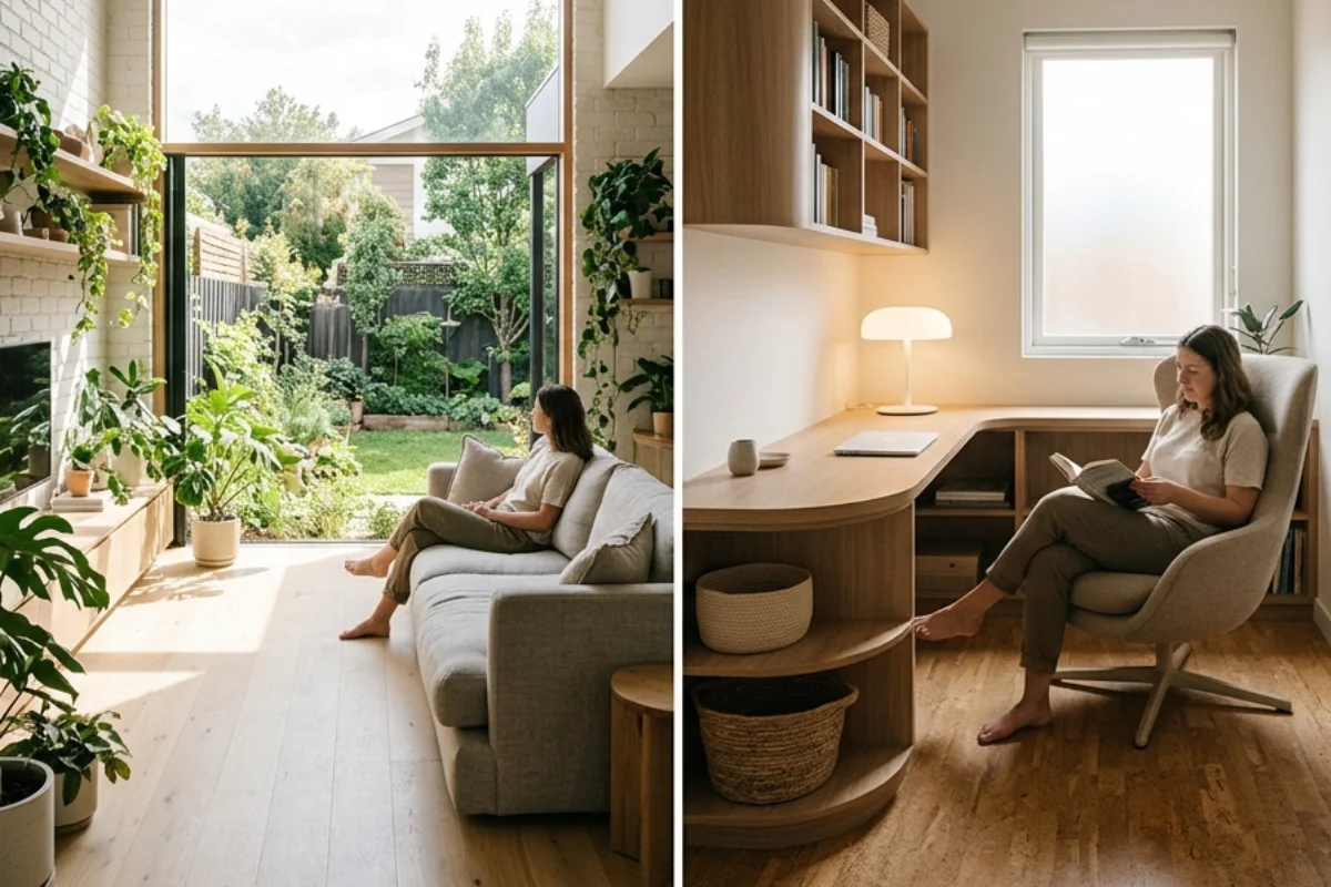 La imagen se encuentra dividida a la mitad. En la mitad izquiersa se ve a una mujer sentada en un sofá en una habitación muy iluminada con luz natural, se ve un gran ventanal. En la imagen de la derecha se ve una mujer en un estudio, sentada frente a un escritorio, se ve una ventana que deja entrar luz natural y una pequeña lámpara de escritorio.