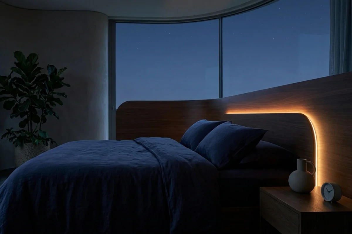 Una habitación de noche, se ve una cama con una luz amarilla decorativa en el respaldo