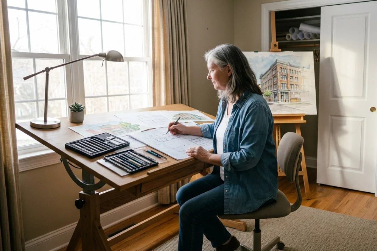 Una mujer en una habitación está dibujando en una mesa de dibujo, al fondo se ve un caballete con otra pintura.