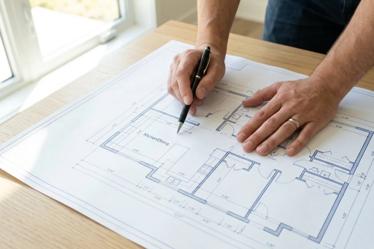 Se ven dos manos con un bolígrafo revisando un plano de una casa