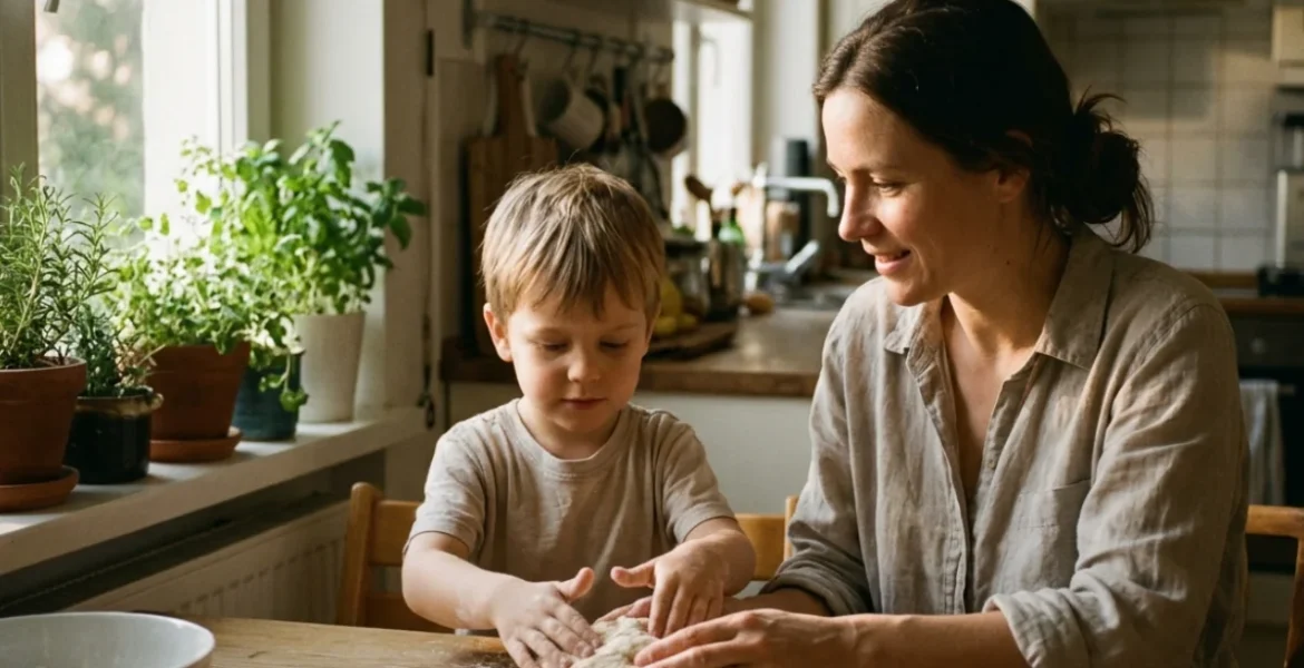 una mujer con un niño en una cocina amasando masa sobre una mesa