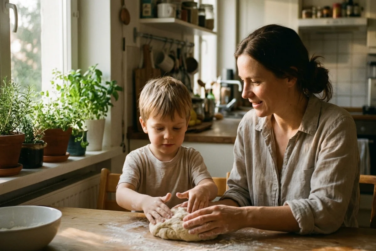 una mujer con un niño en una cocina amasando masa sobre una mesa