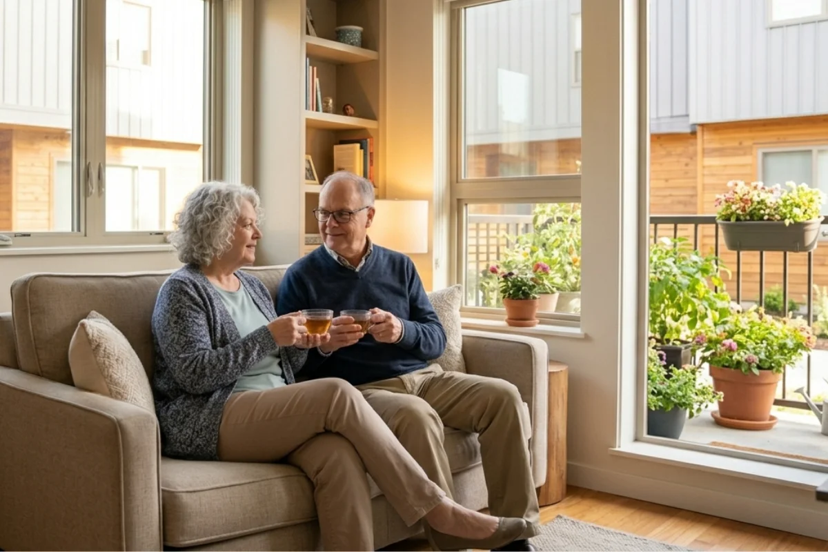 Una mujer y un hombre de la tercera edad están sentados en un sofá