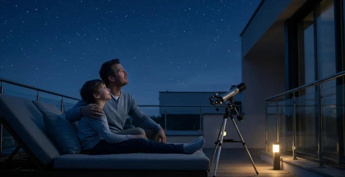 Se ve un hombre y un niño en un rooftop de una vivienda, están mirando el cielo estrellado, se ve un telescopio.
