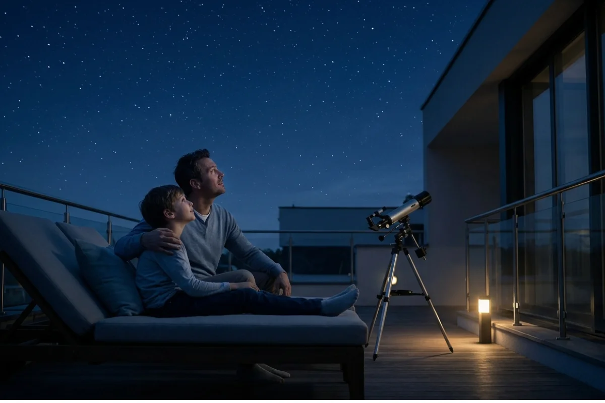 Se ve un hombre y un niño en un rooftop de una vivienda, están mirando el cielo estrellado, se ve un telescopio.