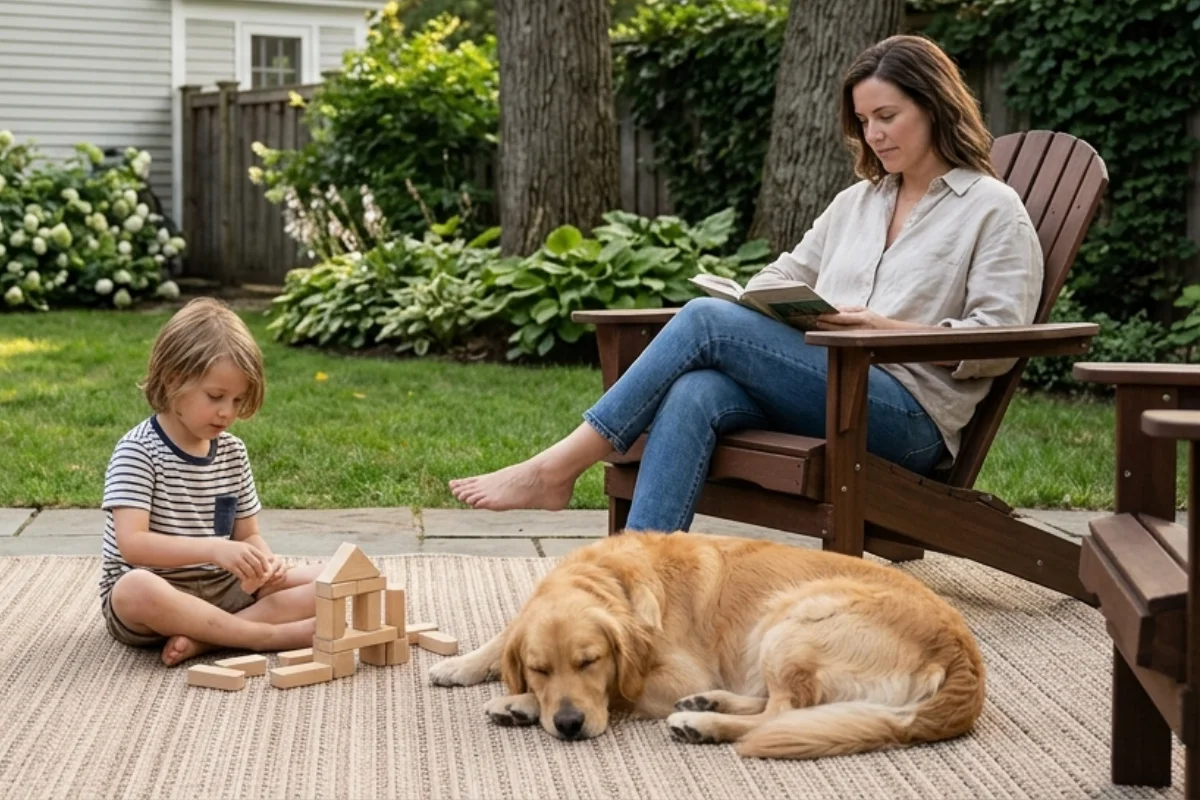 Se ve una mujer sentada en una silla mientras lee un libro; hay un niño que está jugando con unas piezas de construir, un perro duerme a su lado.