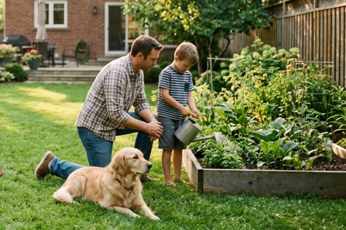 Un hombre y un niño riegan las plantas de un jardín; se ve un perro acostado cerca a ellos.